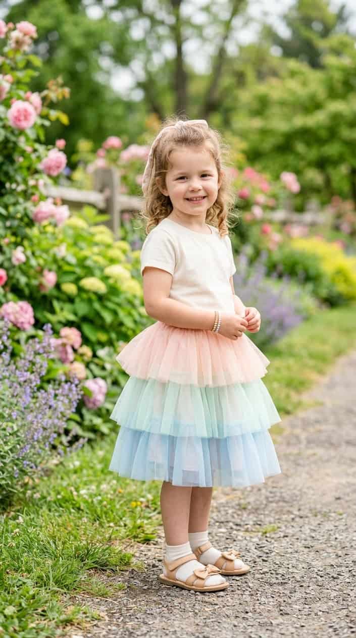 A young child standing outdoors wearing a pastel tulle skirt and a cotton t-shirt, smiling with a background of green plants and flowers.