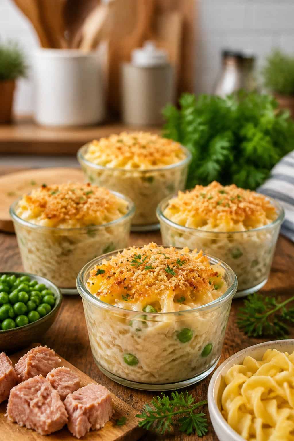 Single-serve tuna noodle casserole cups on a wooden table with fresh ingredients around them.