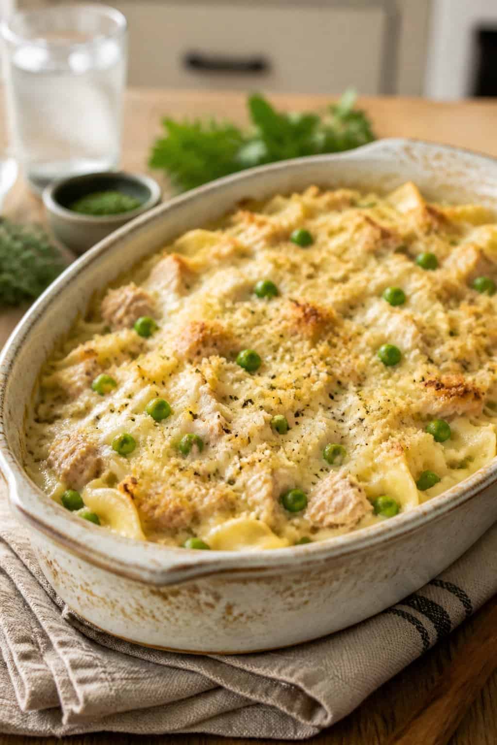 A baked tuna noodle casserole with creamy sauce and peas in a ceramic dish on a wooden table.
