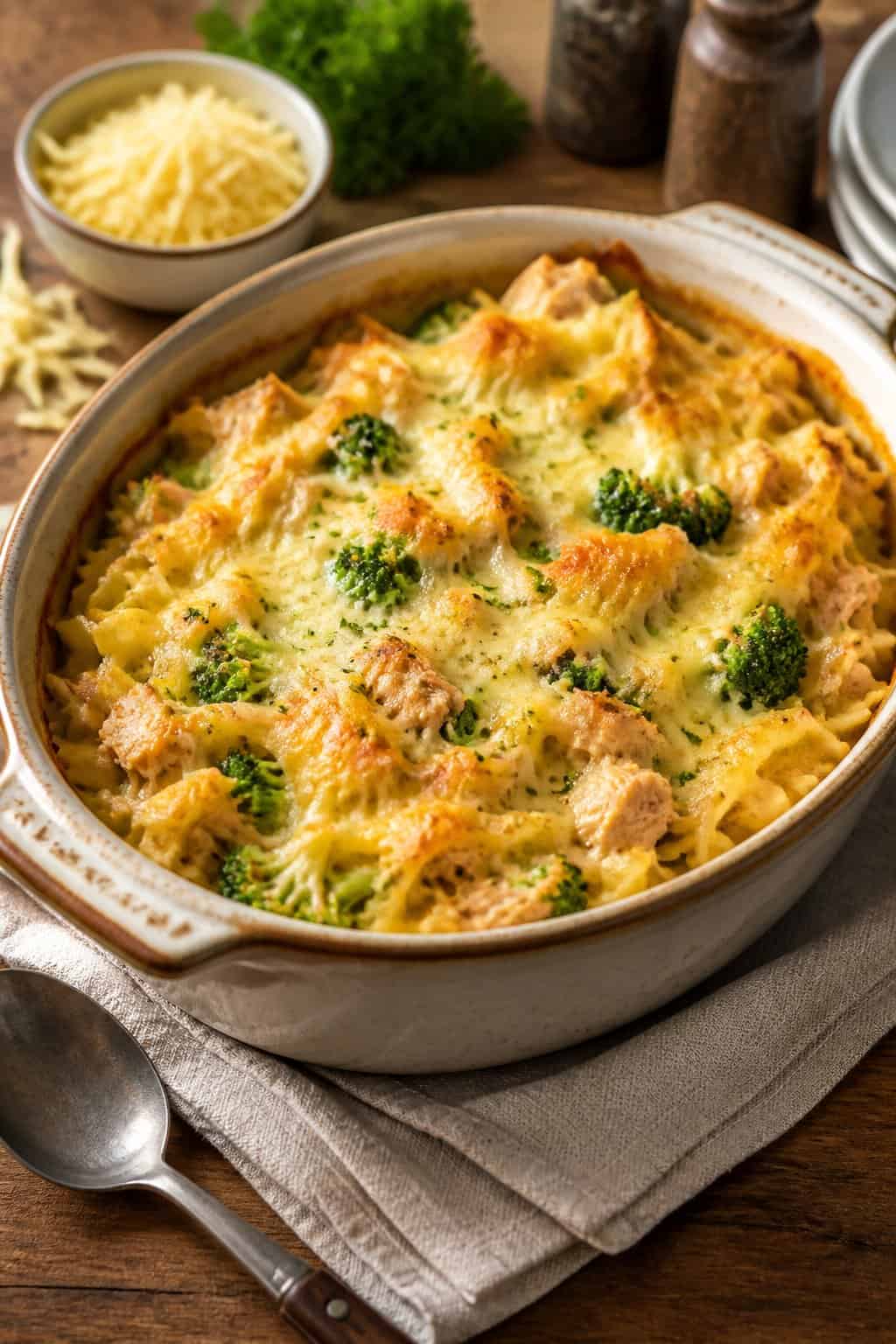 A baked tuna noodle casserole with broccoli and melted white cheddar cheese in a ceramic dish on a wooden table.