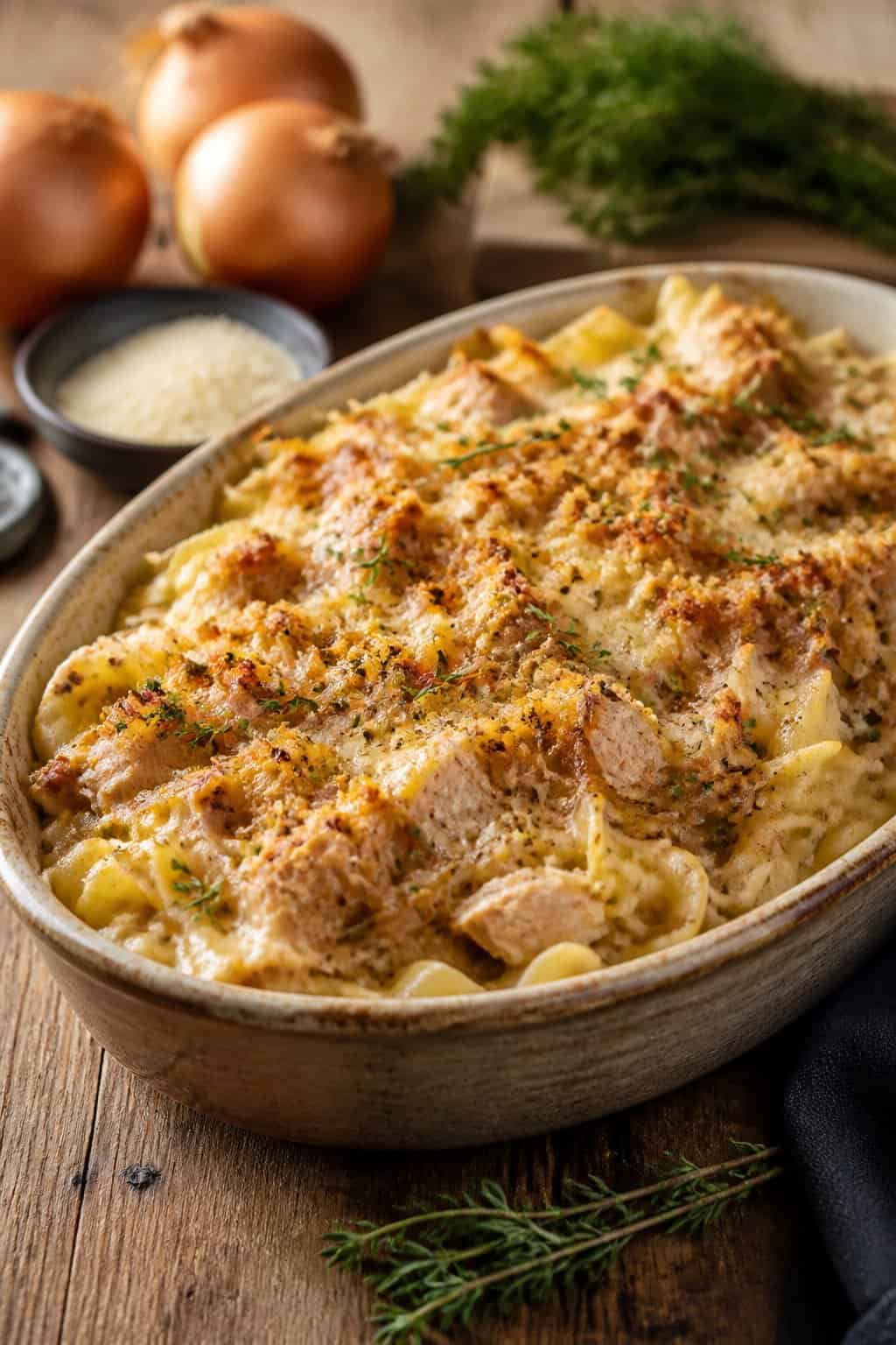 A baked tuna noodle casserole topped with caramelized onions and thyme in a ceramic dish on a wooden table.