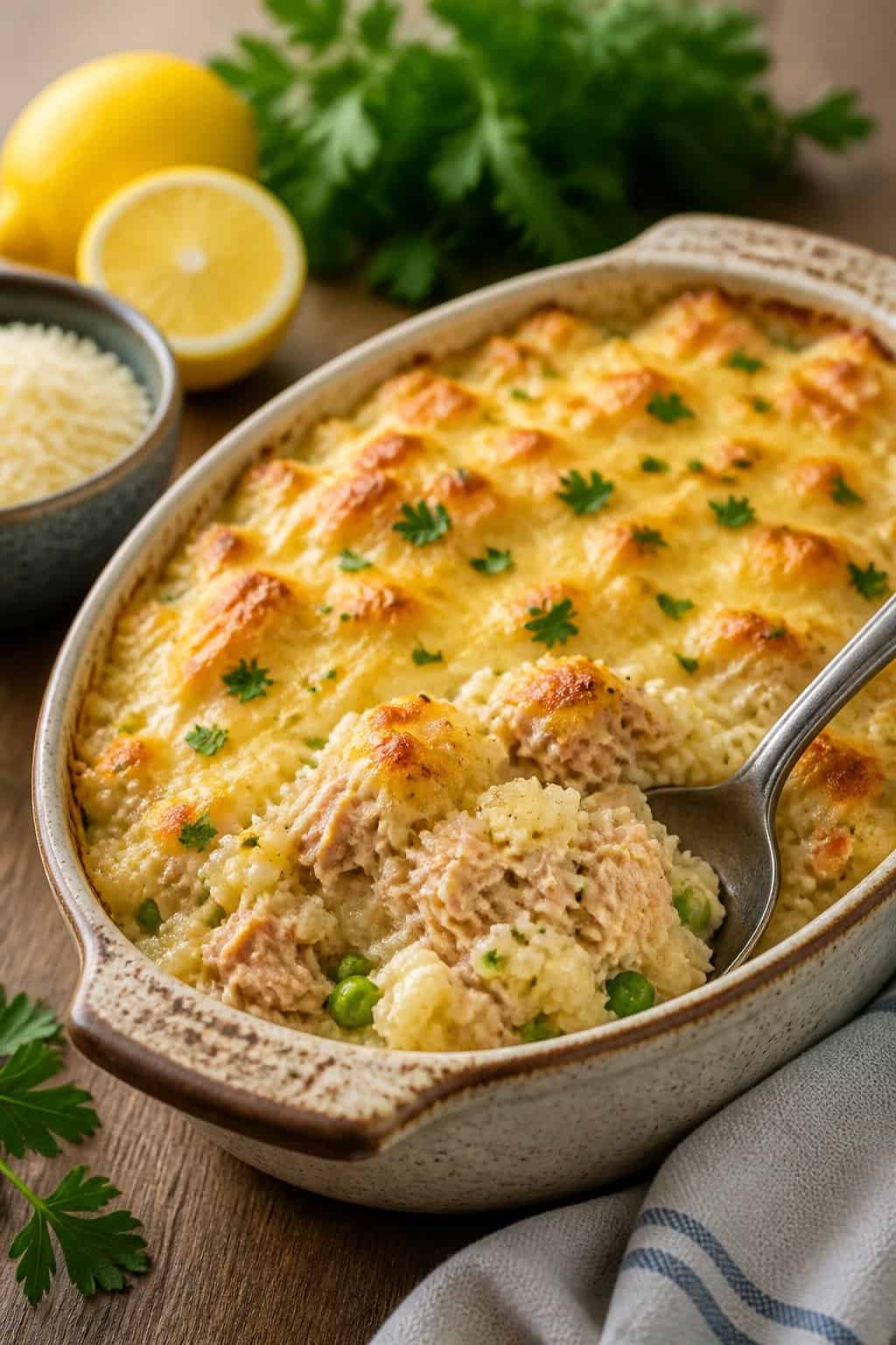 A tuna noodle casserole made with cauliflower rice in a ceramic baking dish on a wooden table, with fresh herbs and lemon nearby.