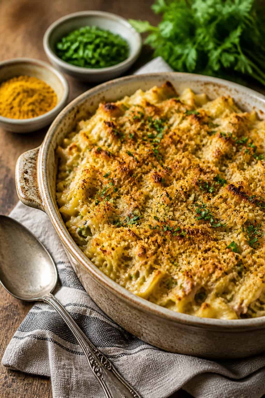 25 Tuna Noodle Casseroles for Busy Weeknights 19 A baked tuna noodle casserole in a ceramic dish garnished with fresh parsley on a wooden table with small bowls of spices nearby.