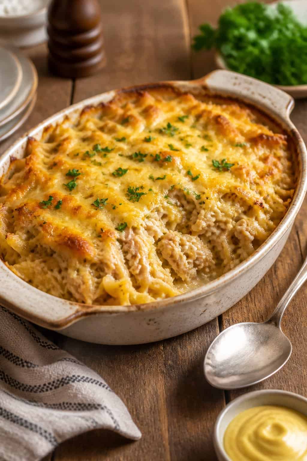 A baked tuna noodle casserole topped with melted cheese and garnished with parsley on a wooden table.