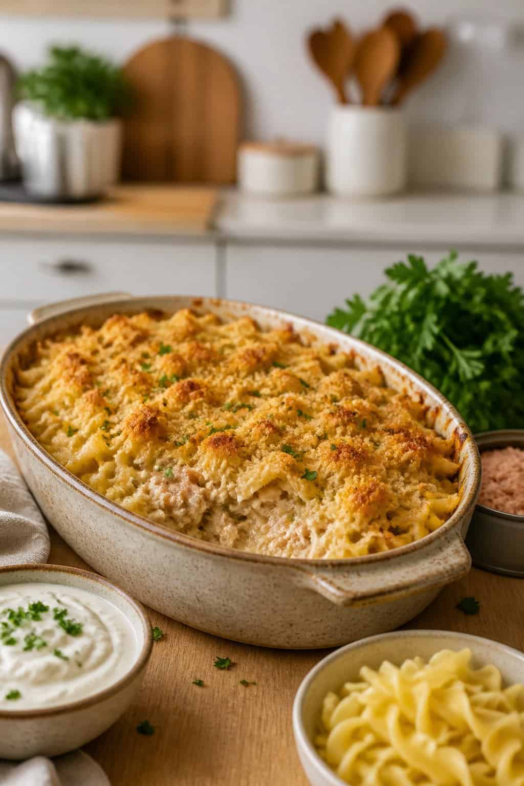 A baked tuna noodle casserole in a ceramic dish on a wooden table with a bowl of Greek yogurt sauce and fresh herbs nearby.