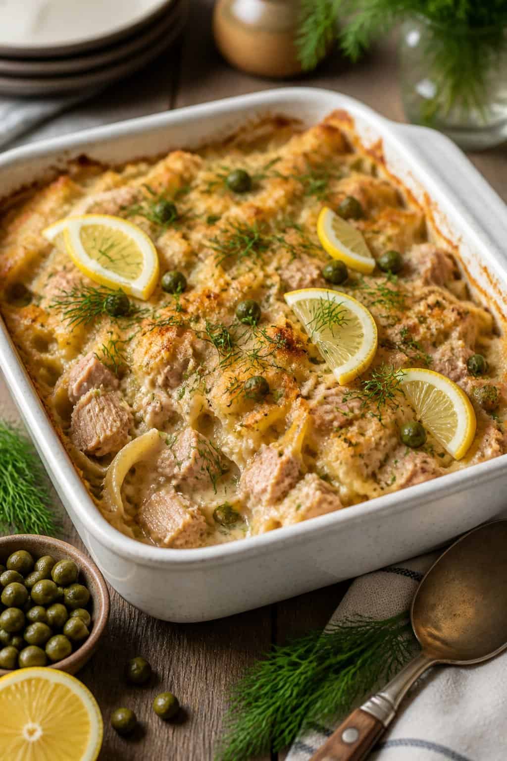 A baked tuna noodle casserole garnished with lemon slices, dill, and capers on a wooden table.