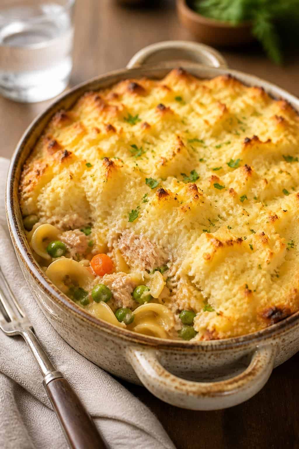A baked tuna noodle casserole topped with mashed potatoes in a ceramic dish on a wooden table.