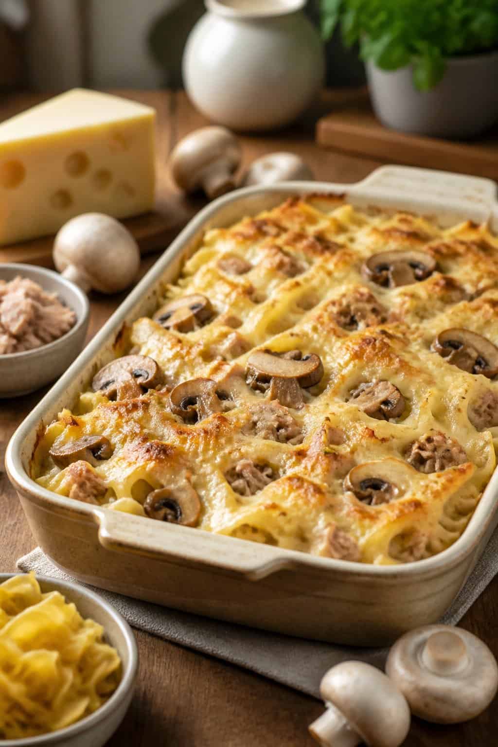 A baked tuna noodle casserole with melted Swiss cheese and mushrooms in a ceramic dish on a wooden table with fresh ingredients nearby.