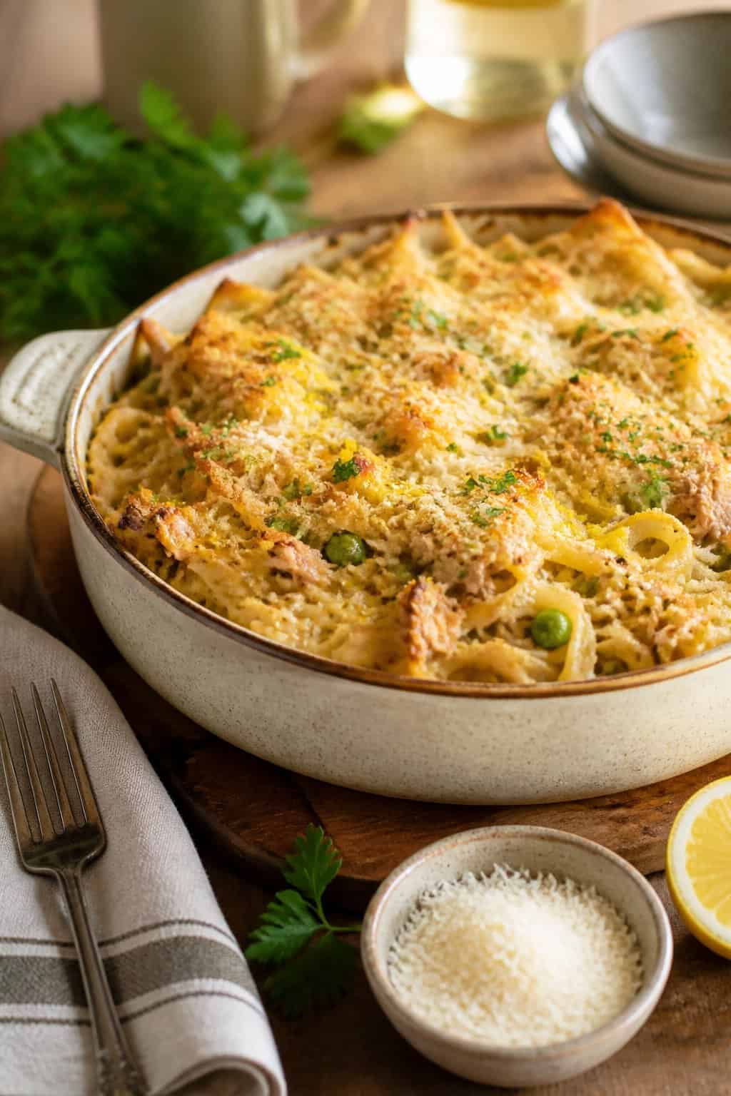 A baked tuna noodle casserole topped with melted cheese and lemon zest in a ceramic dish on a wooden table with a lemon half and Parmesan cheese nearby.