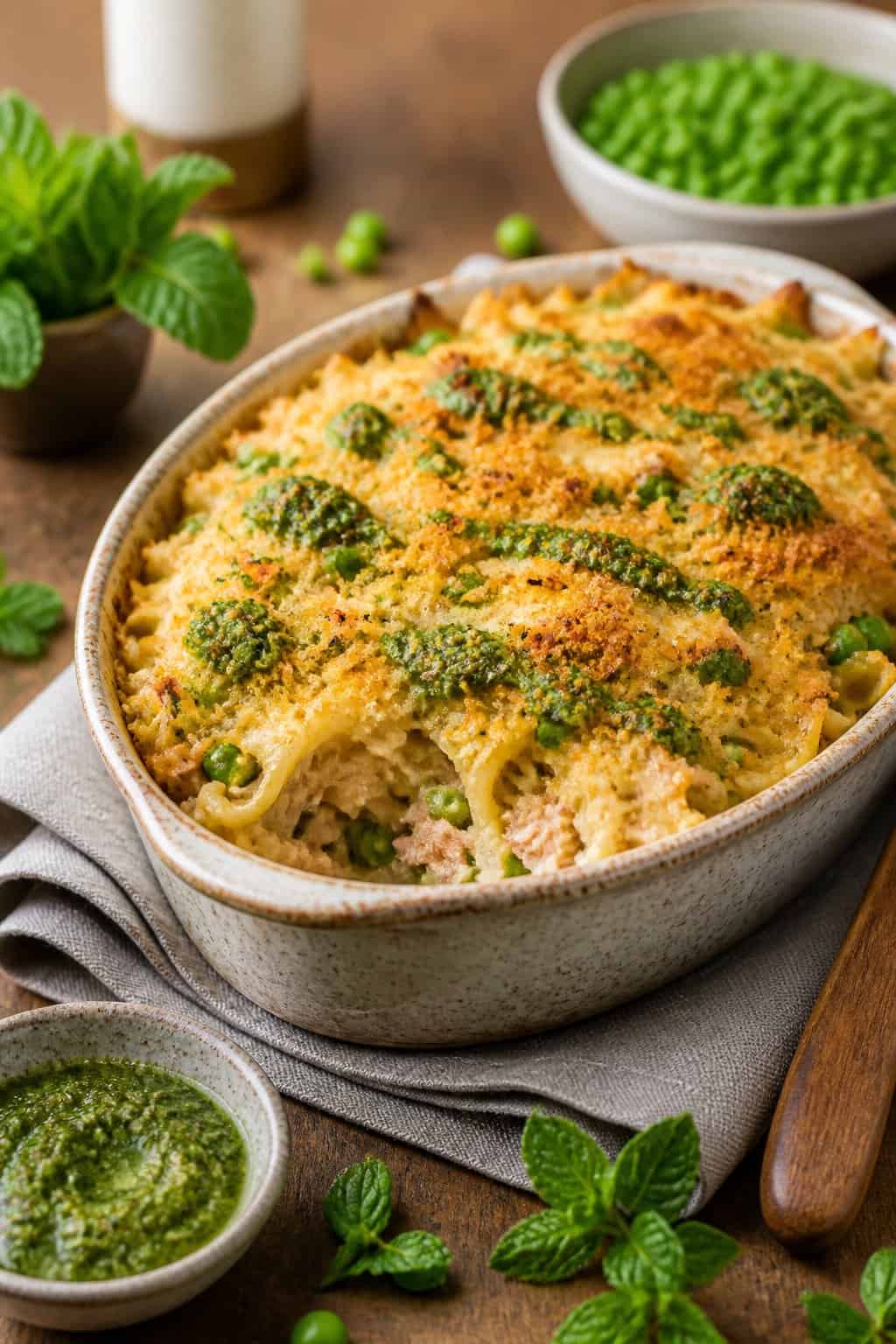 A baked tuna noodle casserole with peas and green pesto in a ceramic dish on a wooden table with fresh ingredients around it.