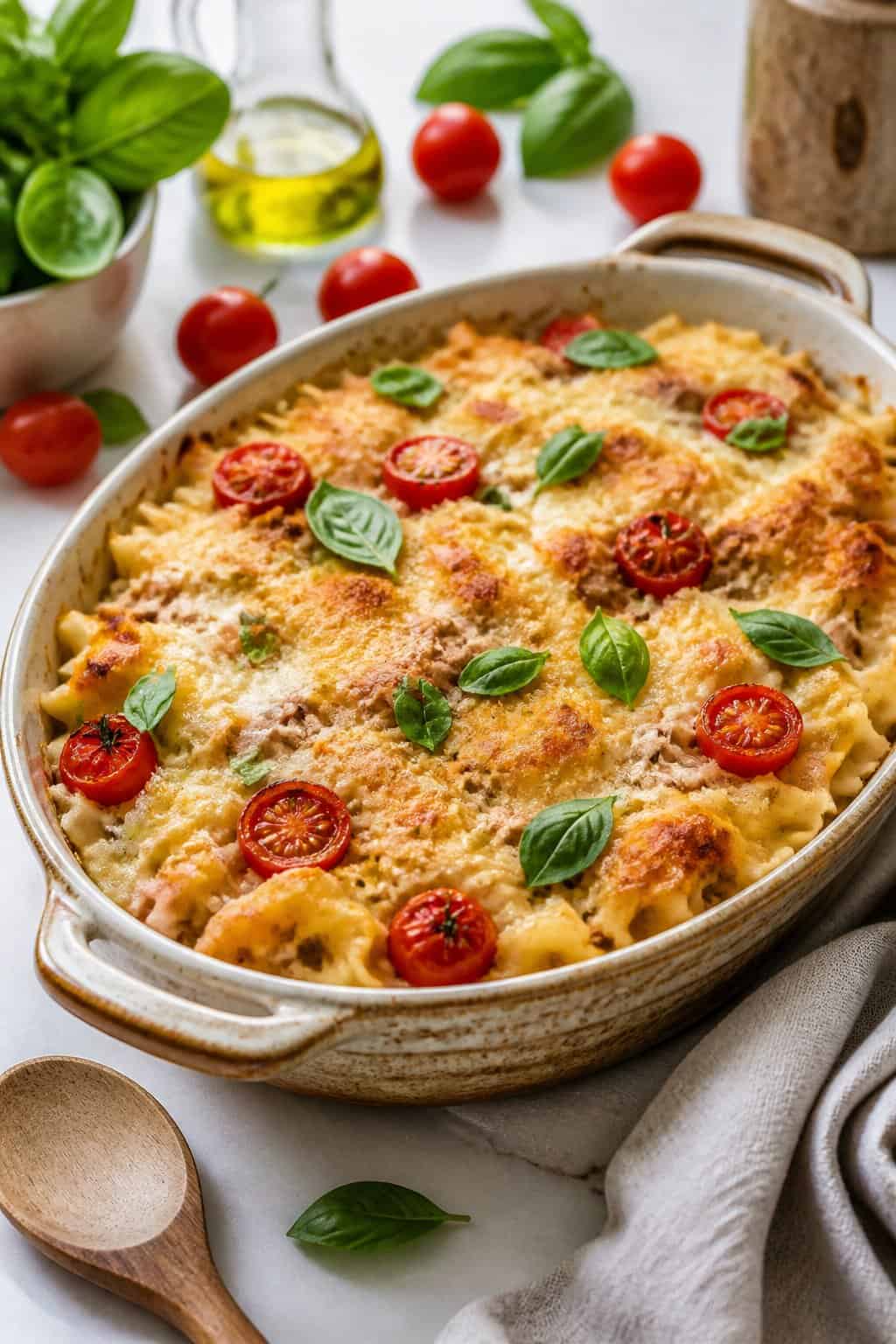 A baked tuna noodle casserole with roasted cherry tomatoes and fresh basil on a kitchen table.