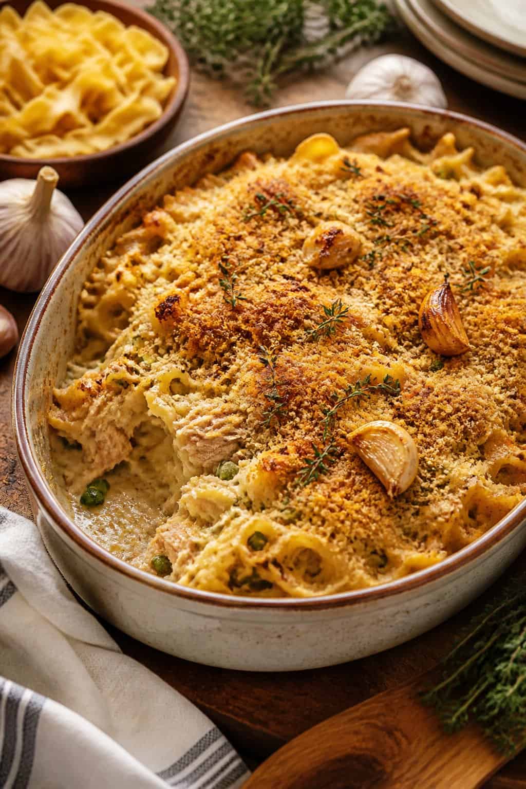 A baked tuna noodle casserole in a ceramic dish garnished with thyme and roasted garlic on a wooden table.