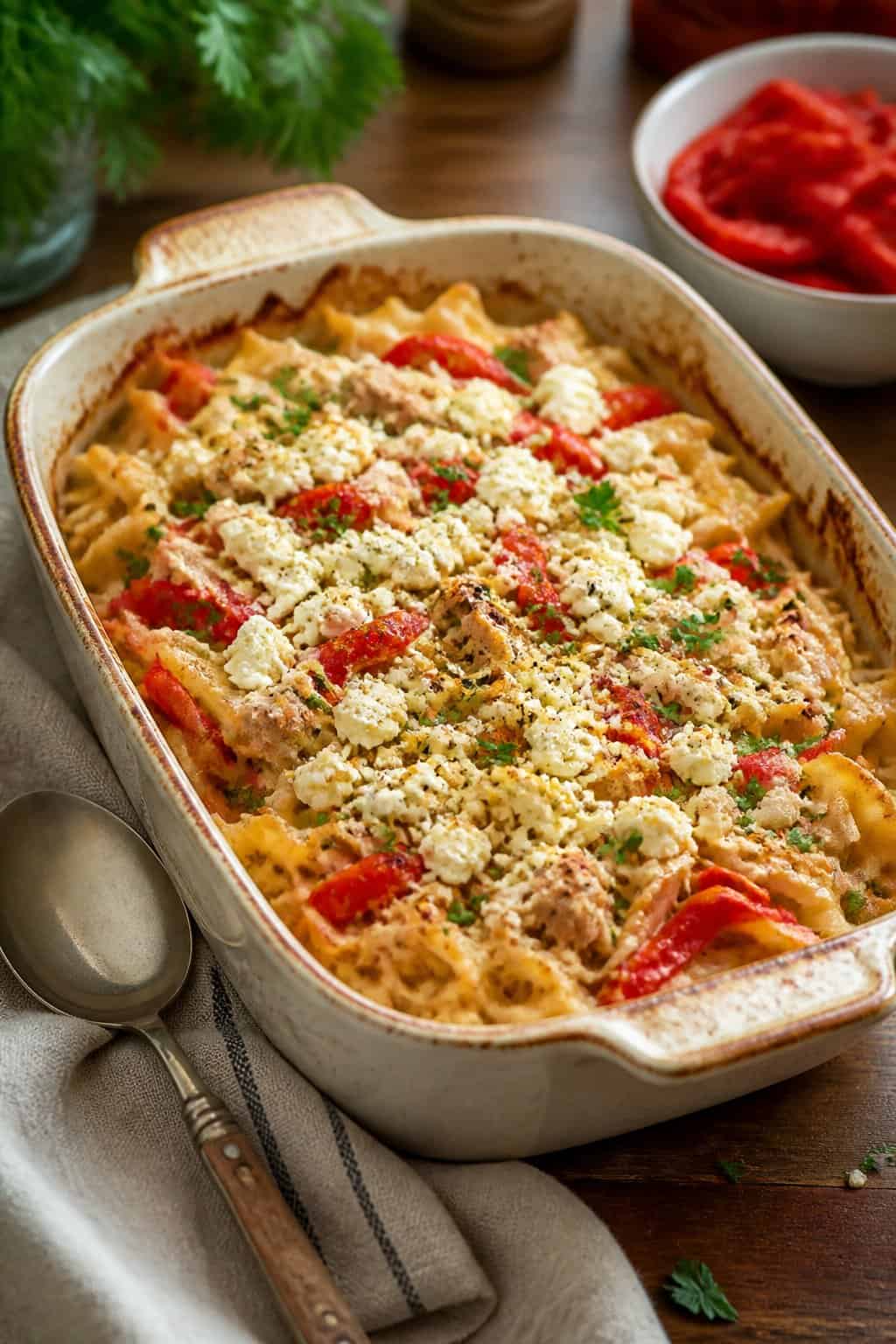 A baked tuna noodle casserole with roasted red peppers and feta cheese in a ceramic dish on a wooden table.