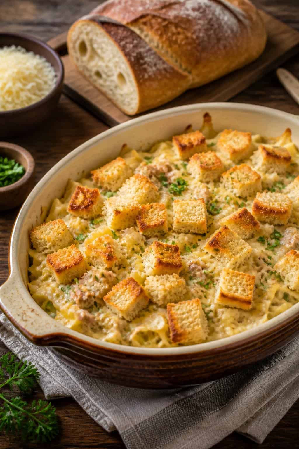 A baked tuna noodle casserole topped with crispy sourdough croutons in a ceramic dish on a wooden table with fresh bread and cheese nearby.