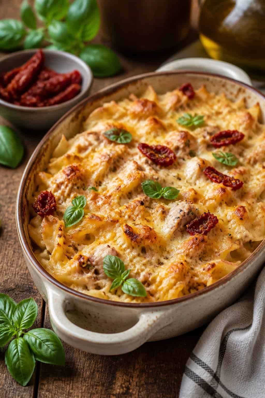 A baked tuna noodle casserole with sun-dried tomatoes and basil in a ceramic dish on a wooden table.
