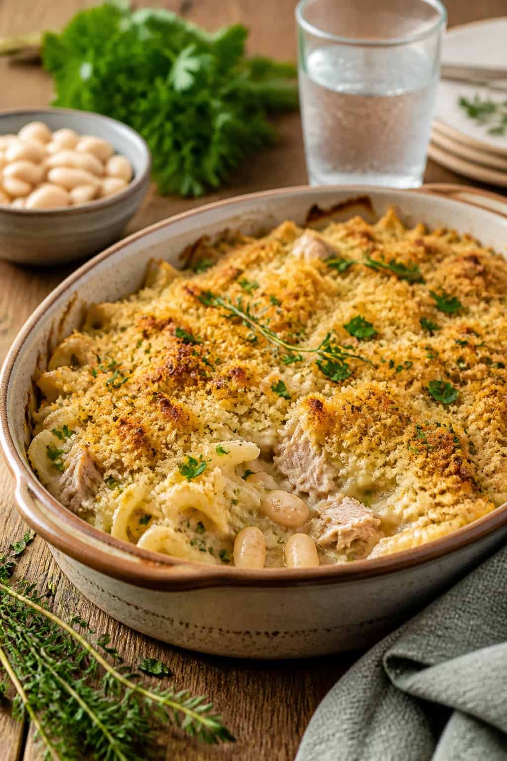 A baked tuna noodle casserole with a golden crust in a ceramic dish on a wooden table, garnished with fresh herbs.