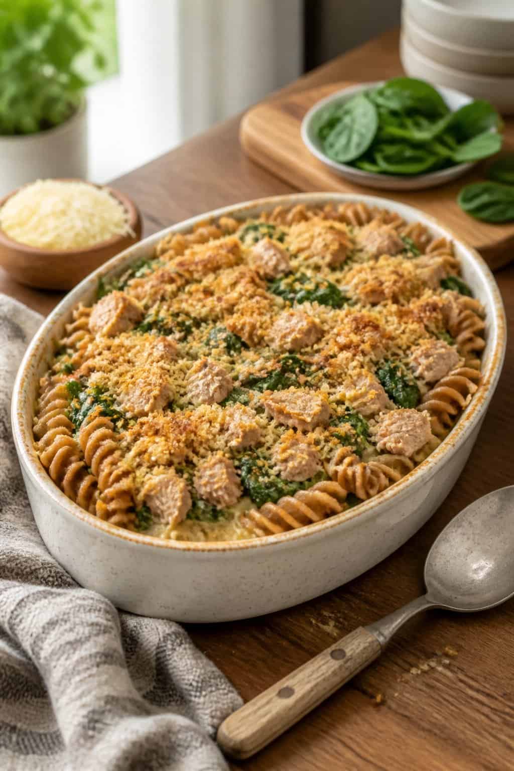 A baked tuna noodle casserole with whole wheat pasta and spinach in a ceramic dish on a wooden table.