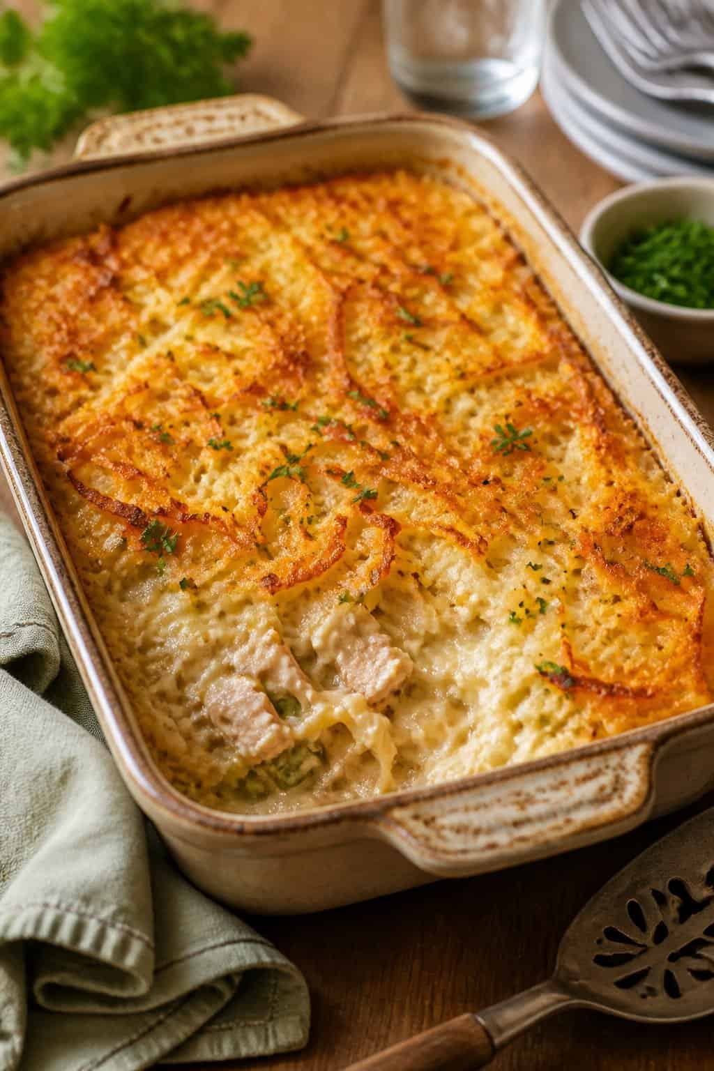 A baked tuna noodle-style hashbrown casserole in a ceramic dish on a wooden table with a serving spatula and fresh herbs.