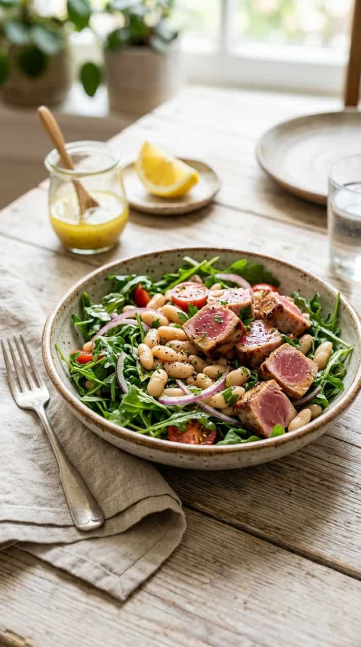 A bowl of tuna, white bean, and arugula salad with lemon vinaigrette on a wooden table, accompanied by a lemon wedge and a small jar of dressing.