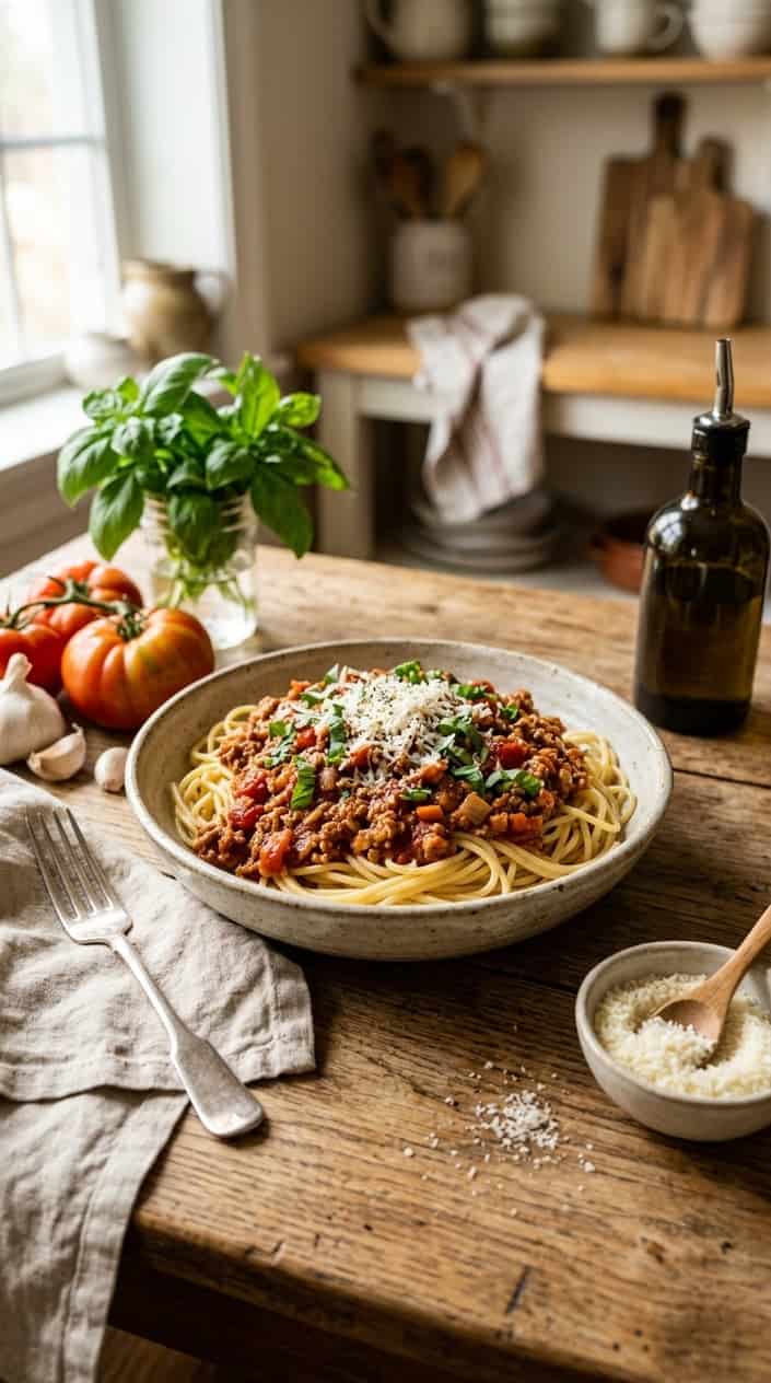 A bowl of turkey Bolognese sauce served over pasta or zucchini noodles on a wooden table with fresh ingredients around it.
