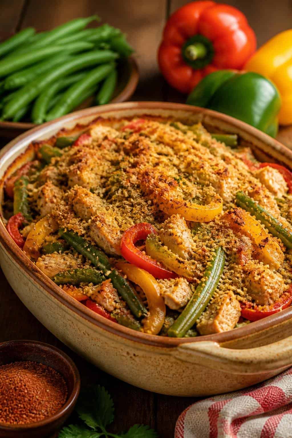 A baked turkey and green bean casserole with colorful red and orange bell pepper strips visible through the crispy topping, in a white ceramic dish on a wooden table.