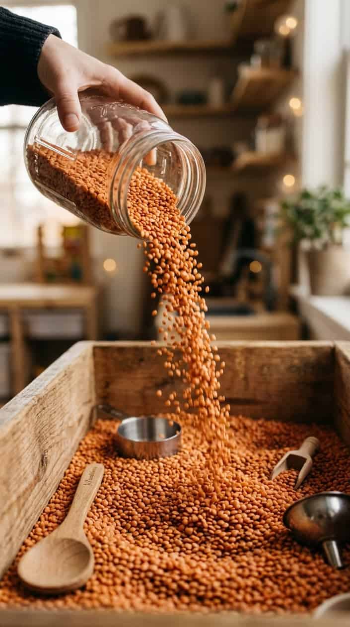 Close-up of uncooked lentils being poured from a glass jar into a wooden sensory bin with small kitchen utensils nearby.