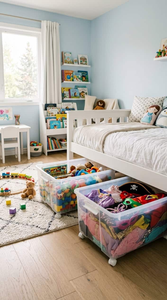 Low-profile clear rolling storage bins tucked under a child's bed, holding folded costumes, dress-up accessories, and seasonal toys, with labeled short ends facing out.