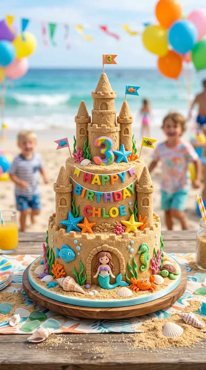 A multi-tiered birthday cake decorated to look like a sandcastle with sea-themed edible decorations including starfish, fish, and seashells.