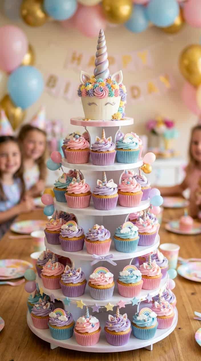 A multi-tiered cupcake tower topped with a unicorn horn, decorated with colorful frosting and edible stars for a child's birthday party.