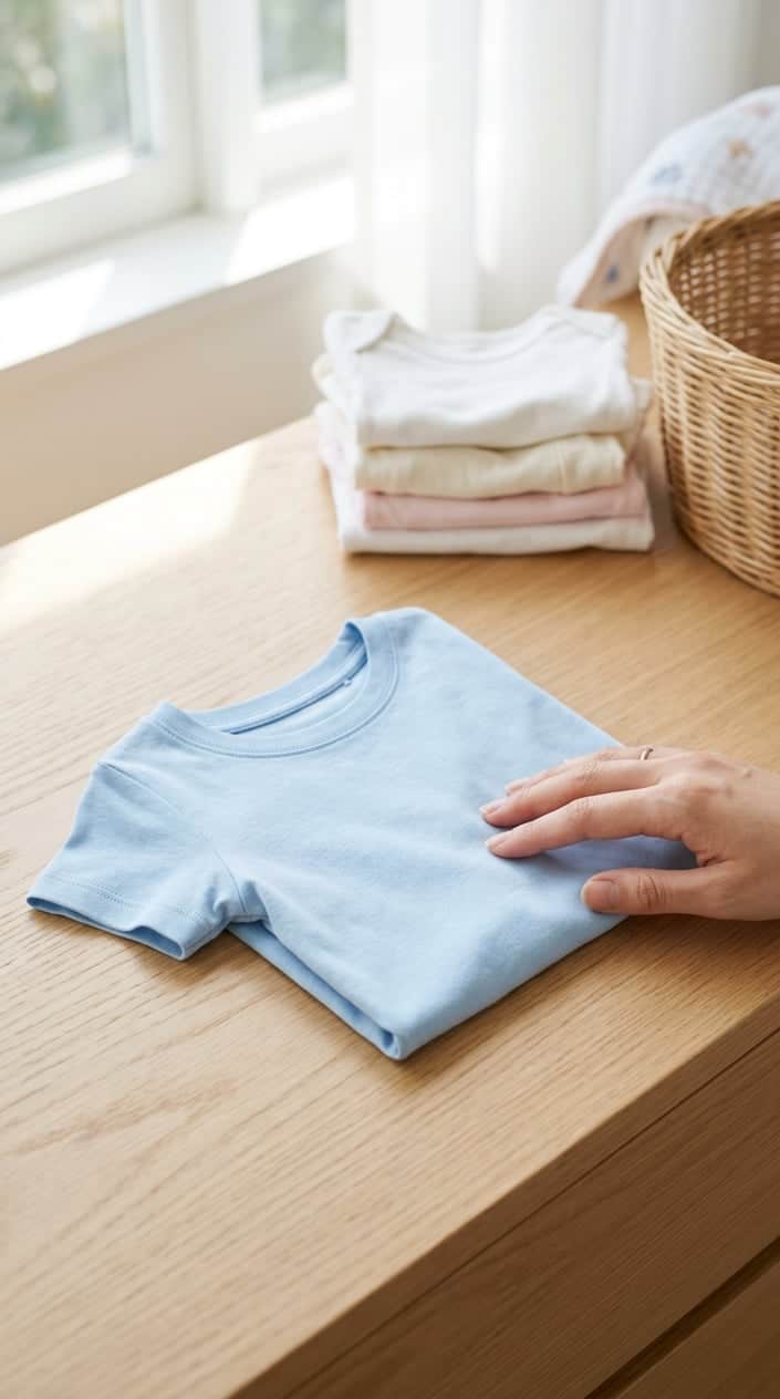 A folded pastel baby tee on a light wooden surface with a hand gently touching the fabric and a small pile of baby clothes nearby.