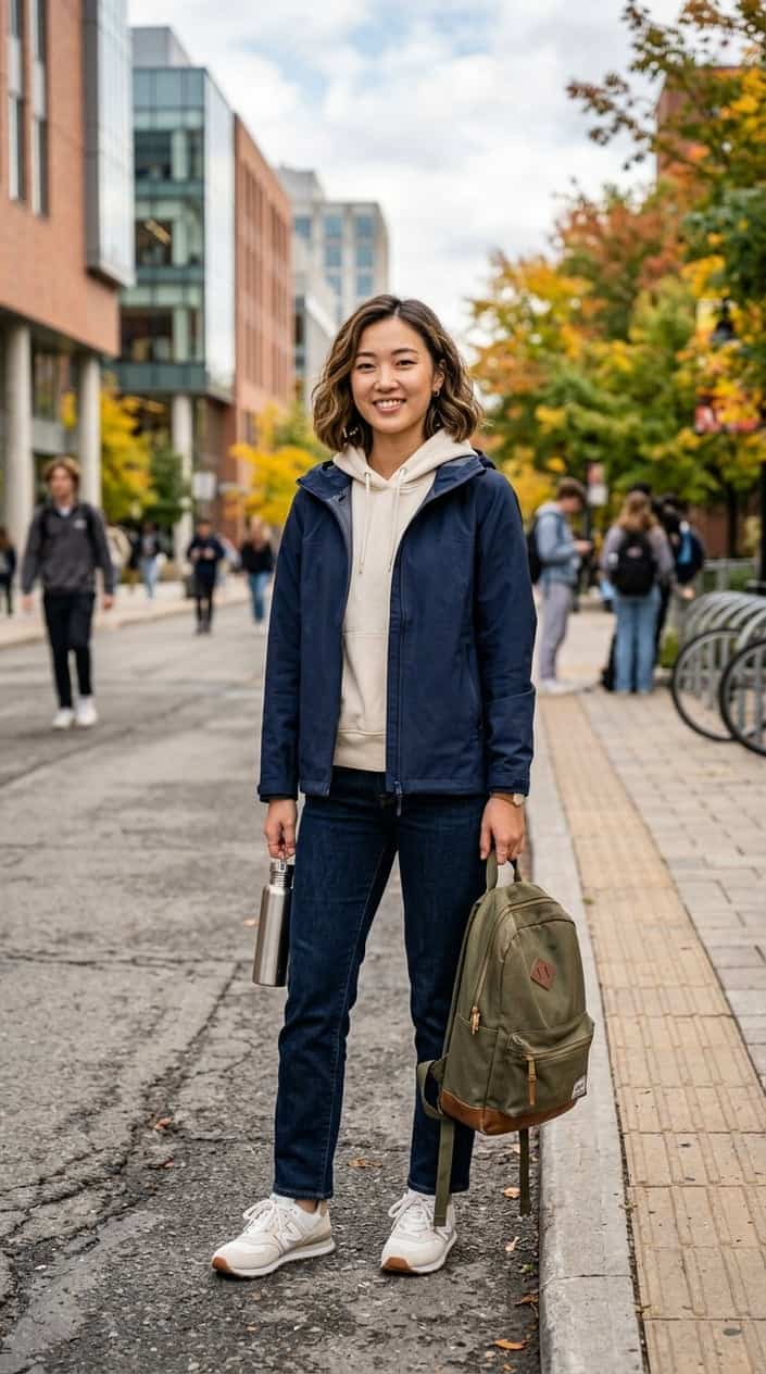 A young adult wearing a black jacket and backpack standing on a city street with autumn leaves in the background.