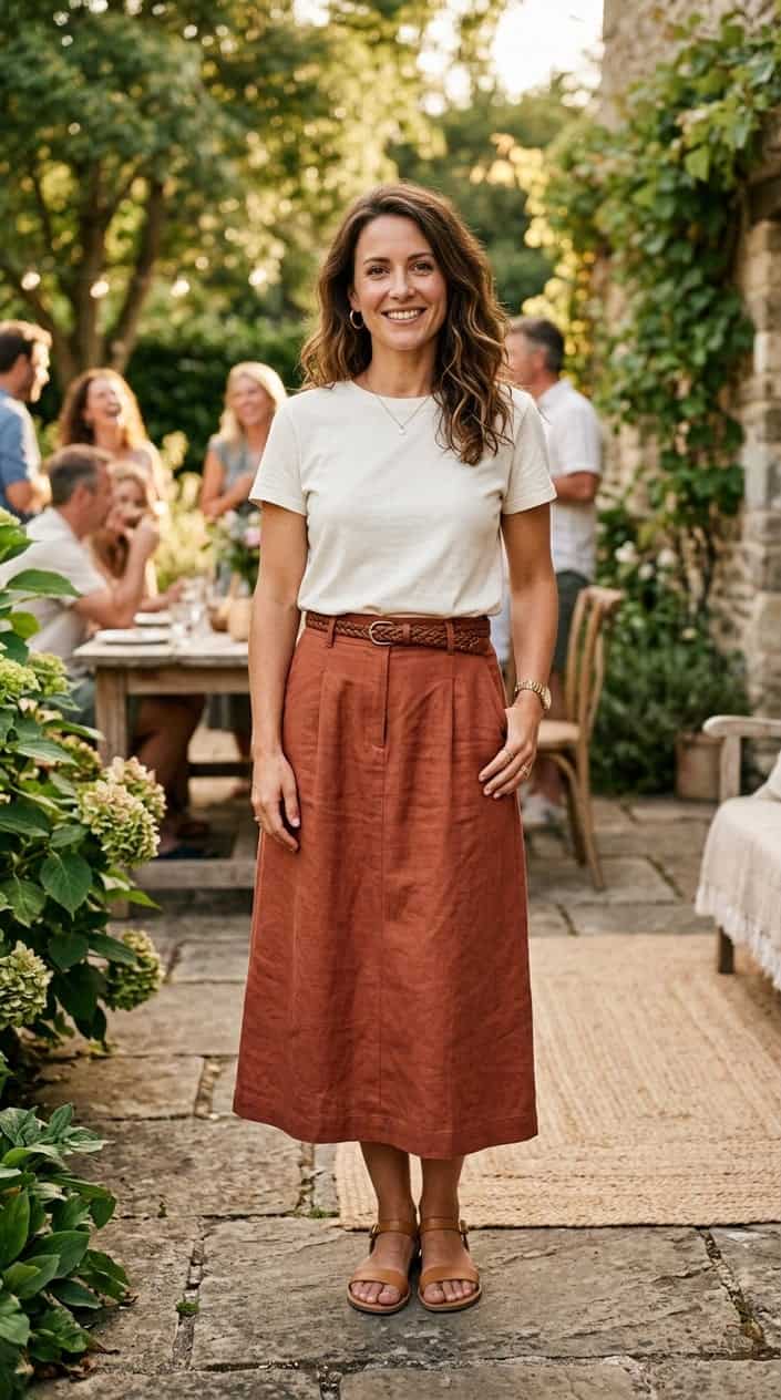 Summer Family Picture Outfits That Coordinate Without Looking Matchy 19 A woman standing outdoors wearing a rust-colored midi skirt and an off-white cotton t-shirt.