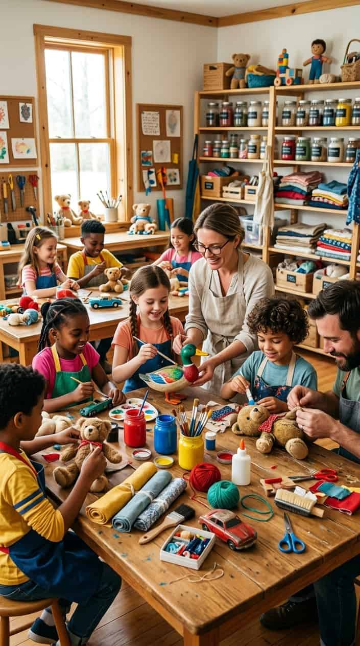 Summer Activities for Kids Beyond Going Outside 22 Children and adults working together to paint and repair old toys in a bright, colorful craft room.