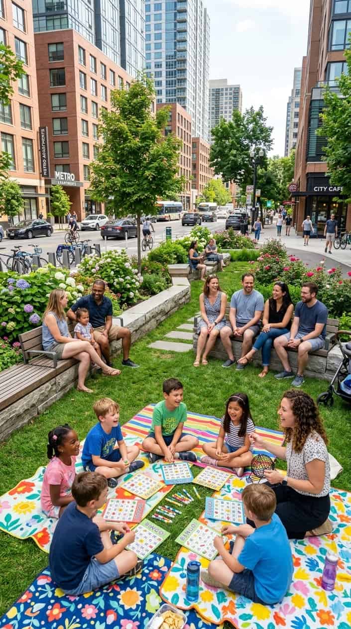 Children playing bingo on picnic blankets in an urban parklet with adults watching nearby and city buildings in the background.