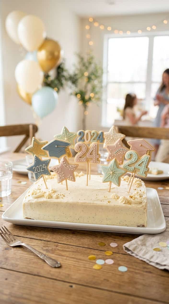 A vanilla bean sheet cake with white frosting and decorated with personalized cookie toppers in graduation-themed shapes on a wooden table with soft lighting and festive decorations in the background.