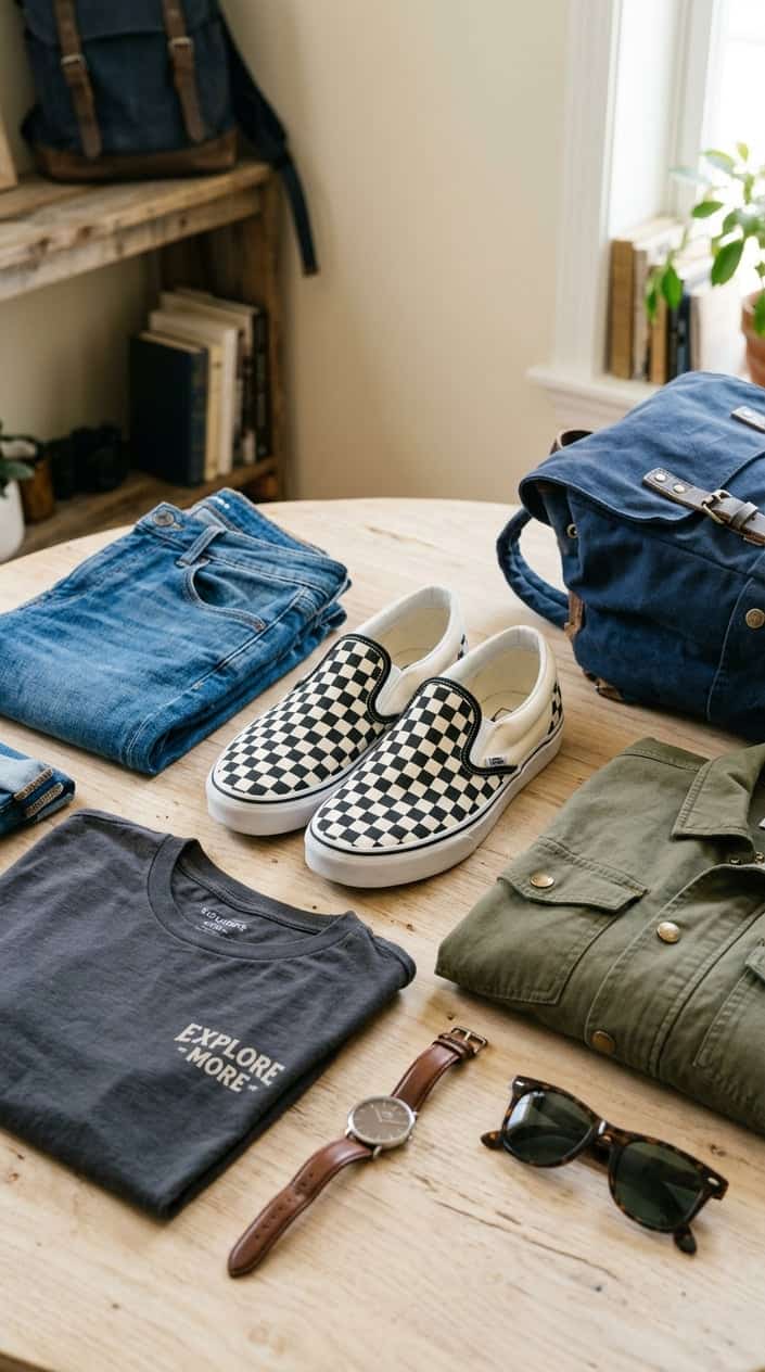 A pair of Vans Classic Slip-On Sneakers displayed with folded jeans, a casual shirt, a jacket, a backpack, and accessories arranged around them.