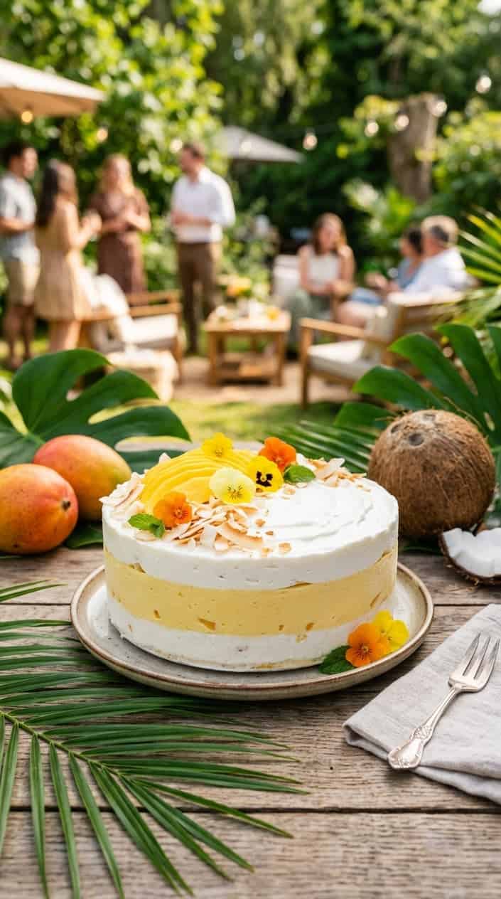A vegan coconut mango ice cream cake topped with fresh mango slices and shredded coconut on a wooden table outdoors with tropical leaves and fruits around.