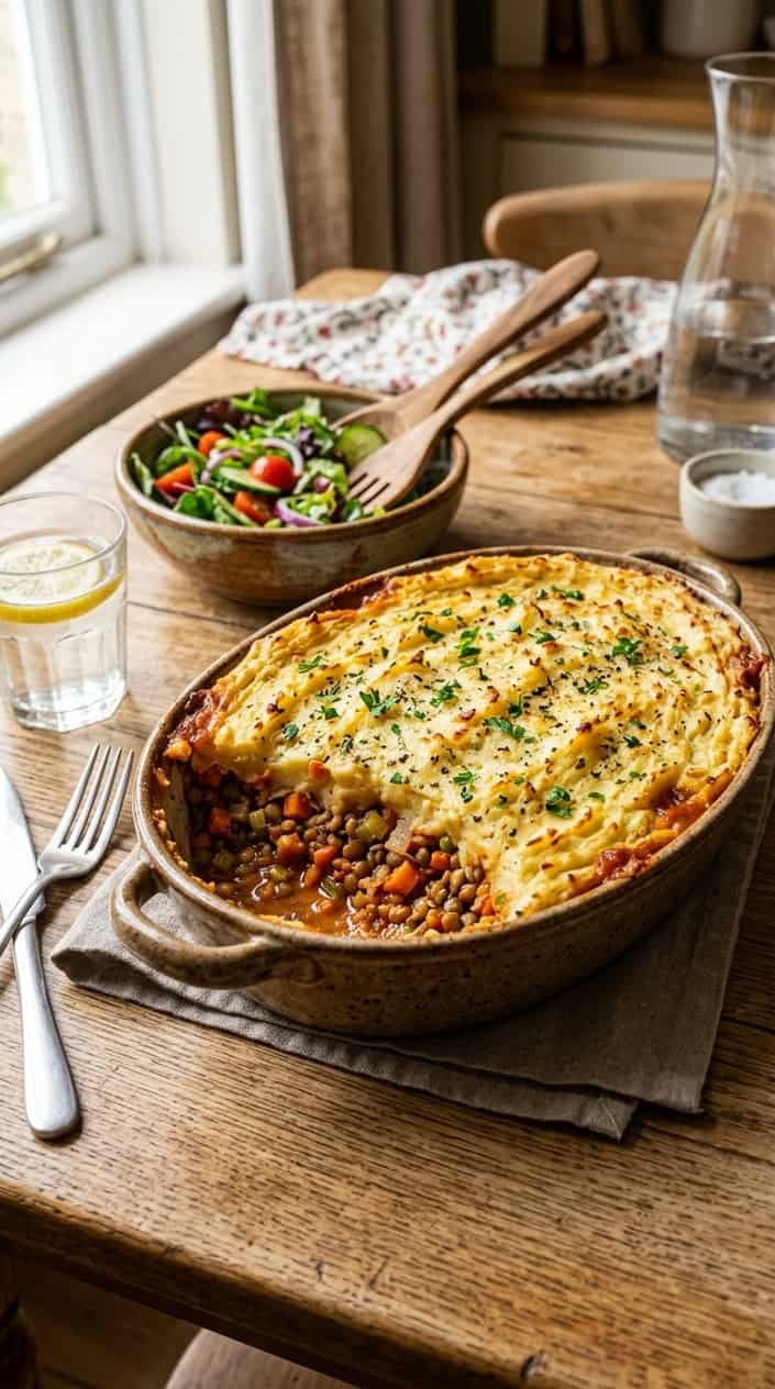 A freshly baked vegetarian lentil shepherd’s pie with golden mashed potato topping on a wooden table, accompanied by a green salad and a glass of water.