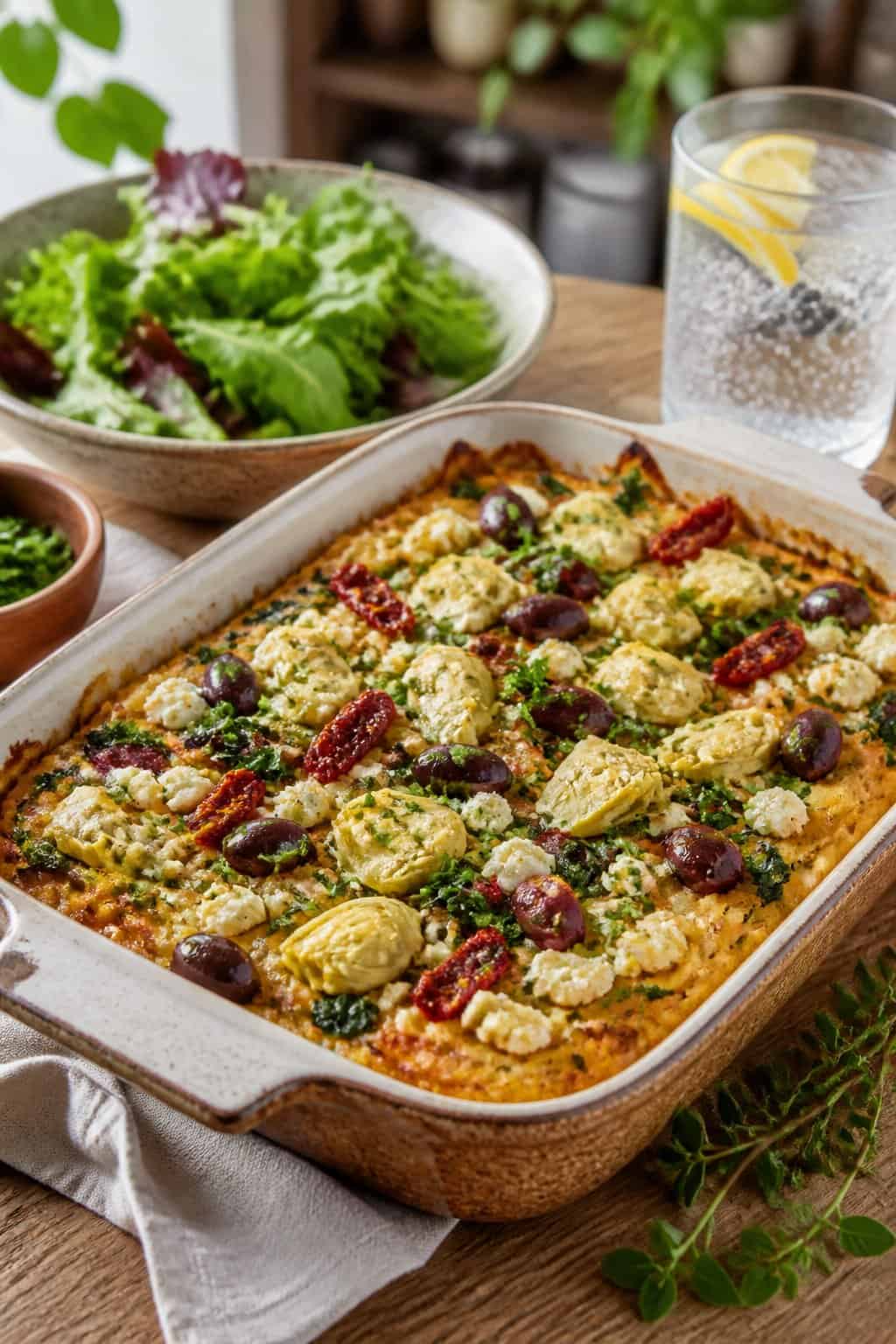 A freshly baked vegetarian Mediterranean hashbrown casserole in a ceramic dish on a wooden table, garnished with fresh herbs, next to a bowl of mixed greens and a glass of water with lemon.