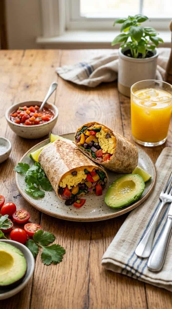 A plate of veggie-stuffed breakfast burritos with fresh vegetables on a wooden table, accompanied by salsa and a glass of orange juice.