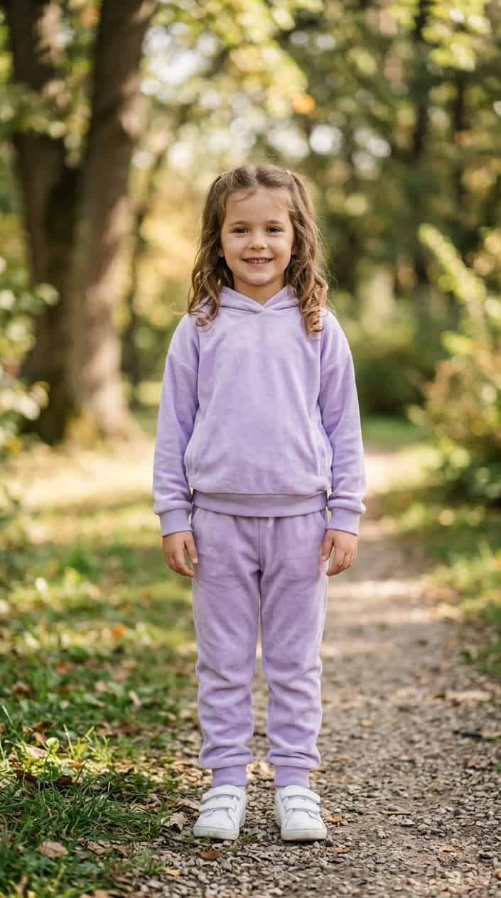 Little Girl Outfits She Won't Refuse to Wear 25 A young girl wearing a velour hoodie and matching jogger set stands outdoors smiling.