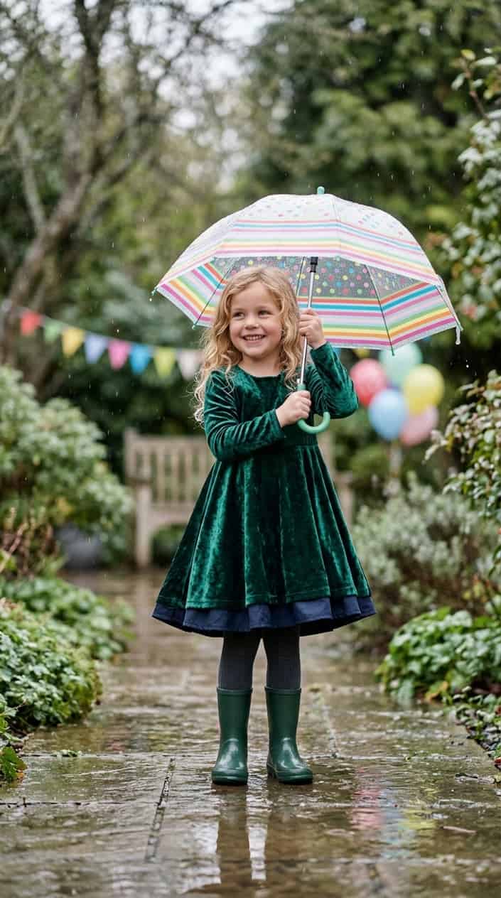 Little Girl Dress Styles for a Rainy Birthday Party 11 A young girl in a velvet dress holding an umbrella outdoors on a rainy day, smiling happily.