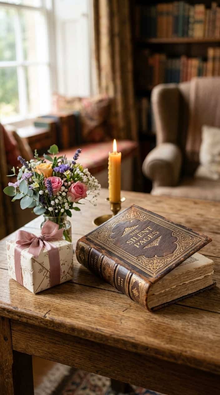 A vintage first edition book on a wooden table surrounded by a small gift box, flowers, and a candle.