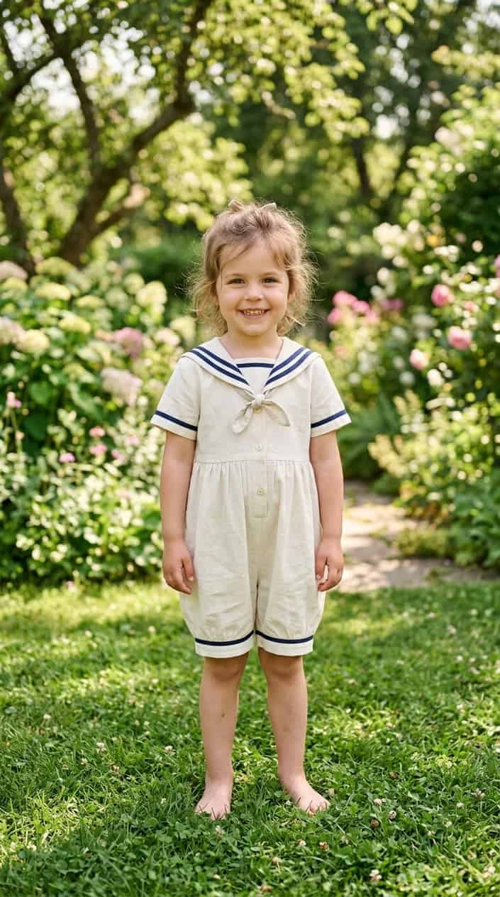 Retro-Inspired Summer Outfits for Girls 3 A young girl stands barefoot on grass outdoors wearing a white romper with a sailor collar, smiling gently in natural sunlight.