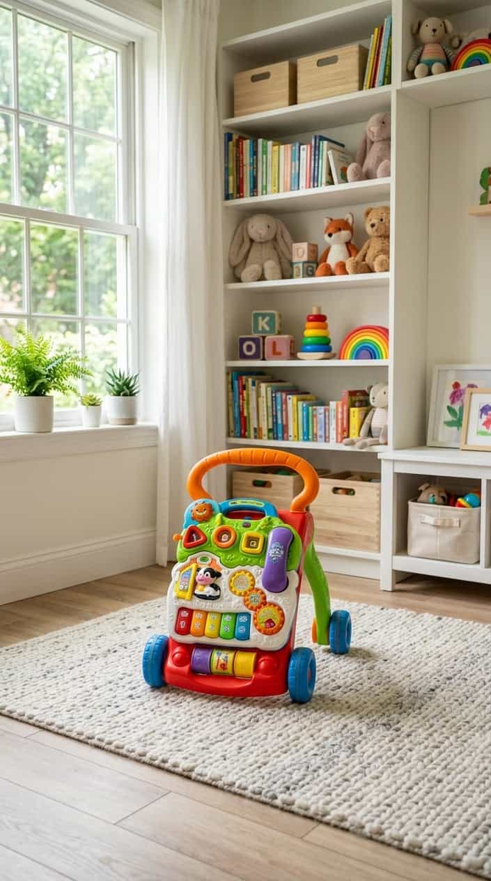 A colorful VTech Sit-to-Stand Learning Walker in a bright playroom with toys and books on shelves in the background.