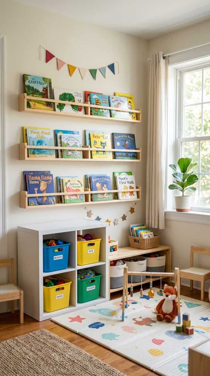 White wall-mounted picture ledges displaying colorful children's storybooks face-out at child eye level, with organized storage bins arranged on shelves below.