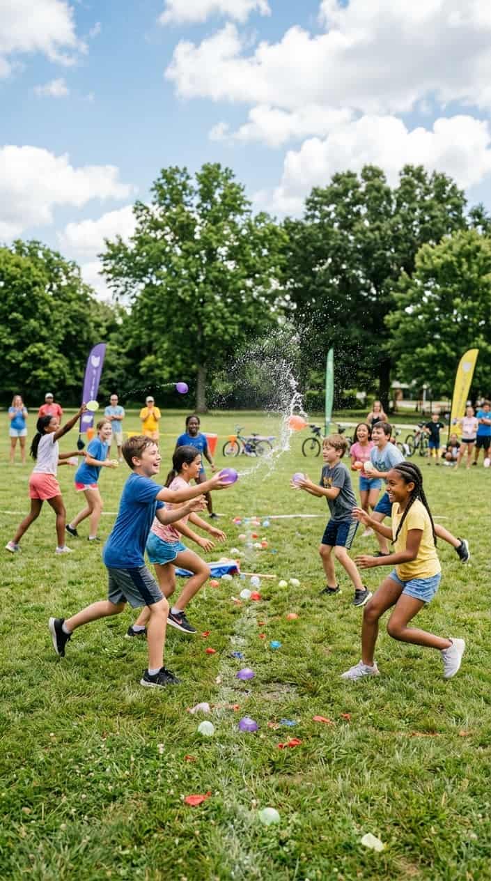 18 Kid-Friendly Outdoor Summer Activities for Tweens and Older Kids 8 Children mid-throw during a water balloon dodgeball game in a backyard, arms raised and mouths open in laughter on a bright summer afternoon.