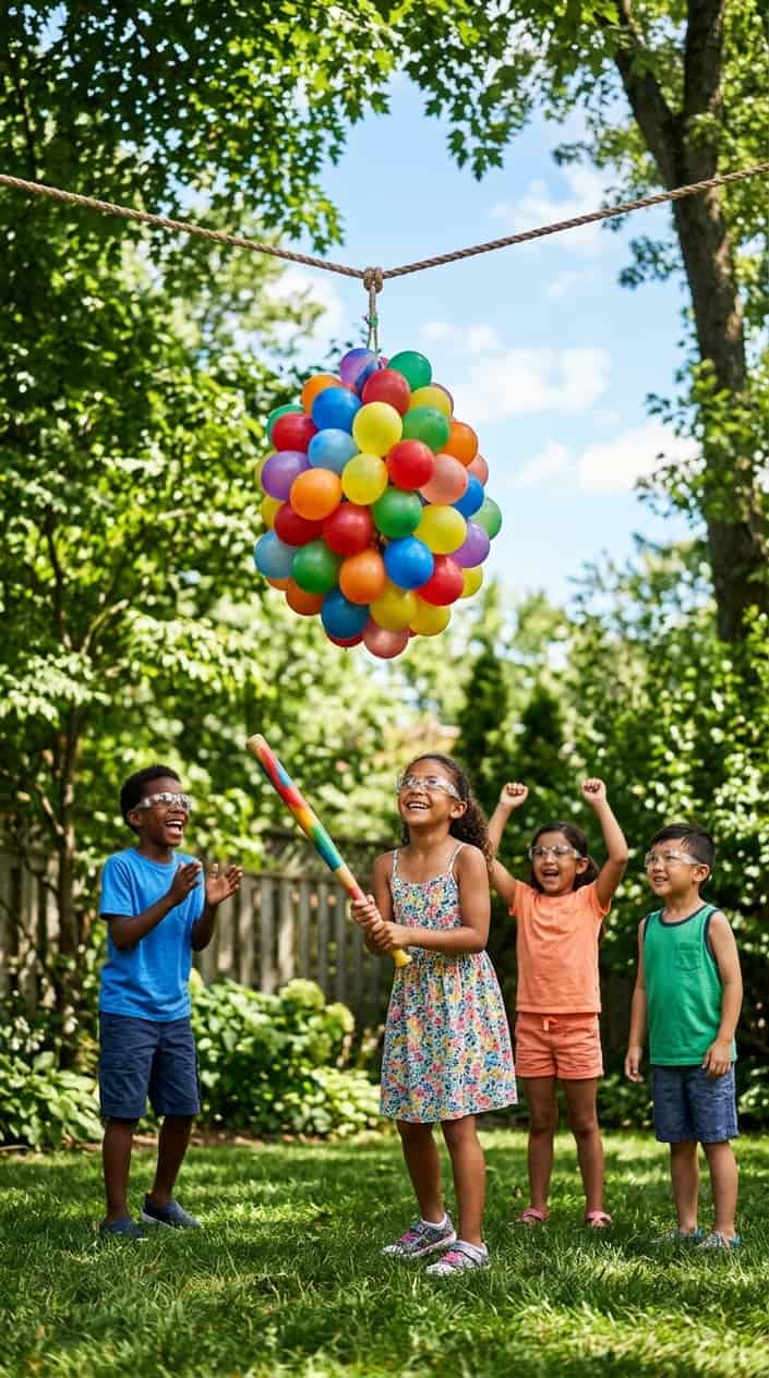 Summer Activities for Kids Beyond Going Outside 9 Children playing with a colorful water balloon piñata hanging outdoors on a sunny day.