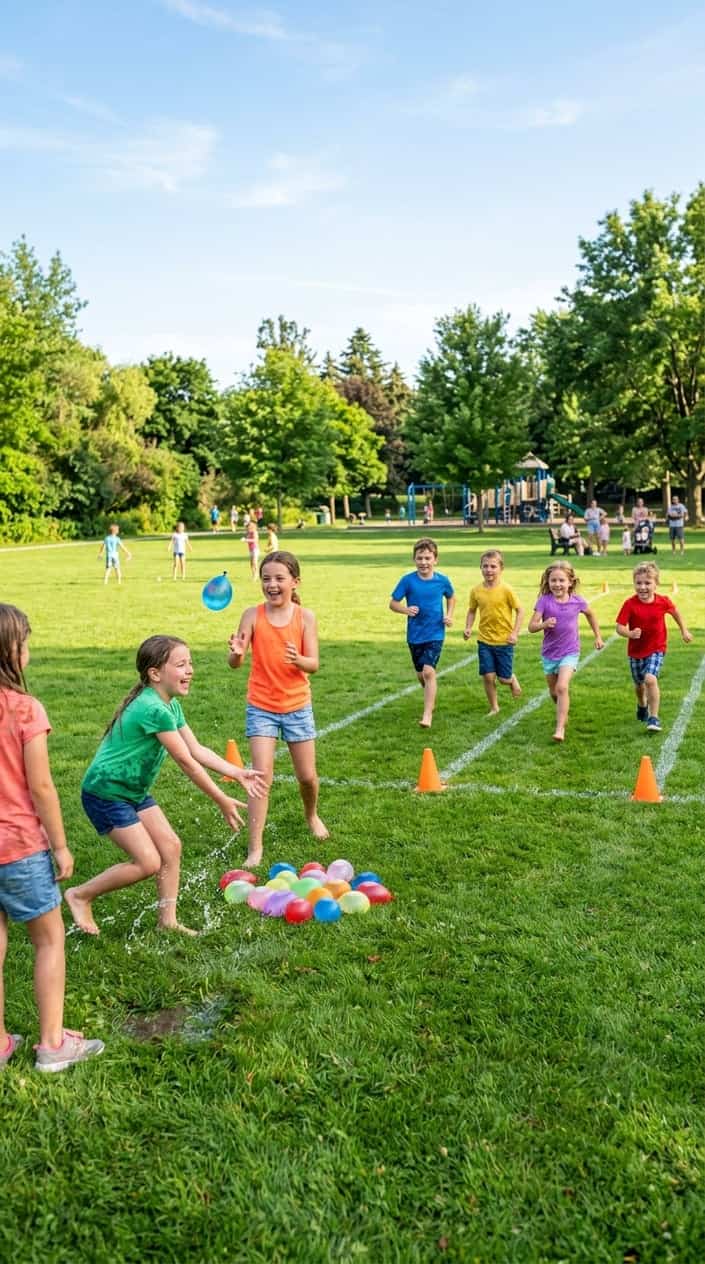 Children playing a water balloon toss and sprint game outdoors in a green park on a sunny day.