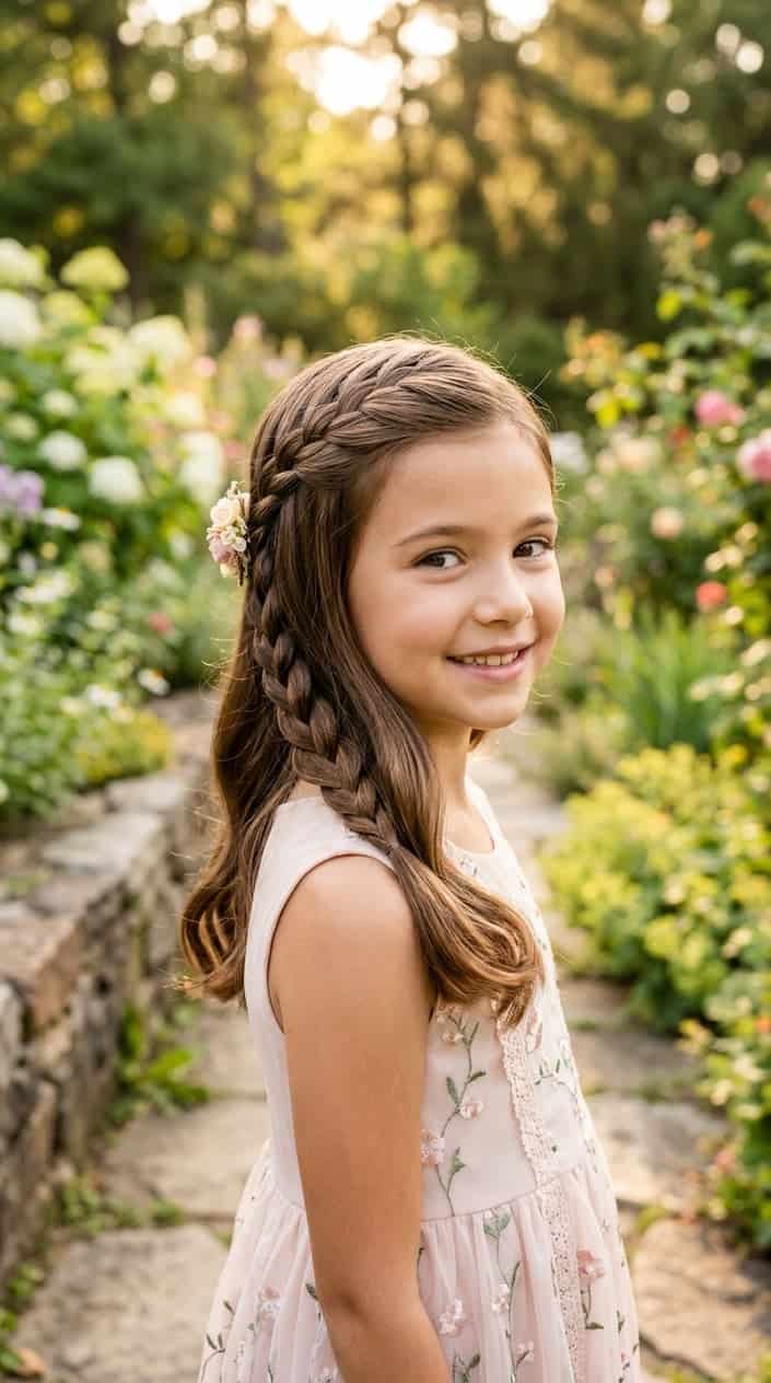 Little Girl Braid Styles That Last All Day 15 Young girl smiling with a braided hairstyle standing outdoors in soft natural light.